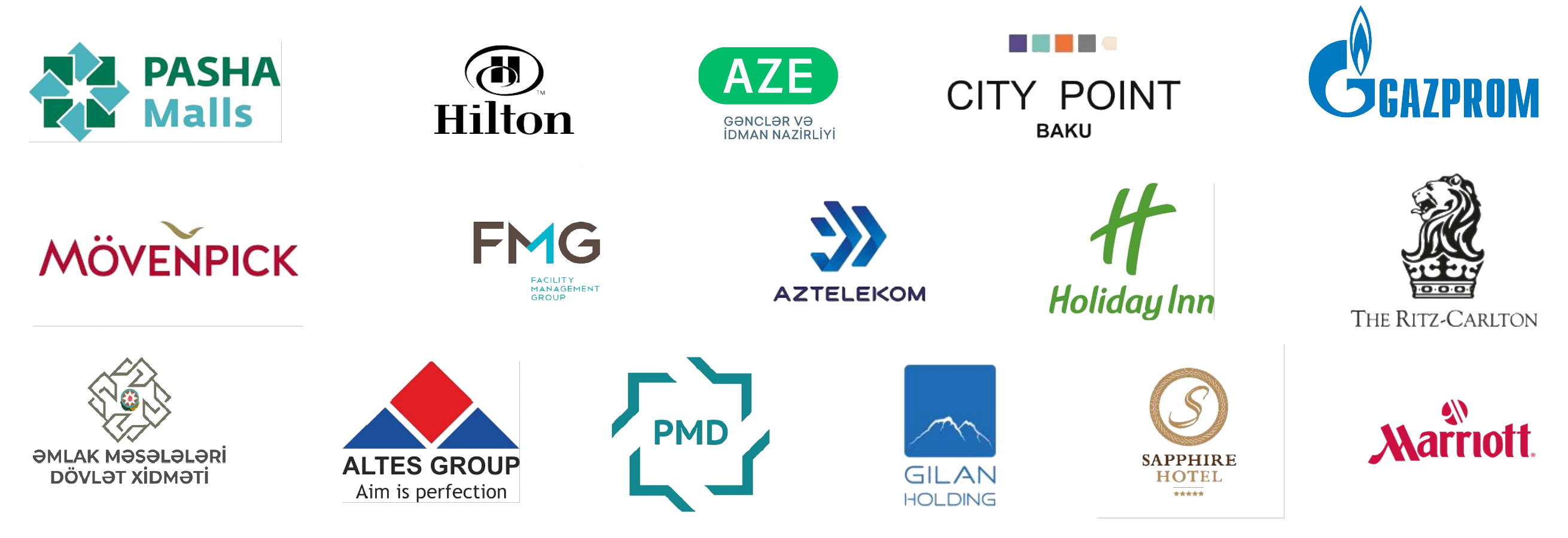 PASHA Malls, Hilton, AZE, City Point Baku, Gazprom, Mövenpick, FMG, Aztelekom, Holiday Inn, The Ritz-Carlton, Əmlak Məsələləri Dövlət Xidməti, Altes Group, PMD, Gilan Holding, Sapphire Hotel, Marriott